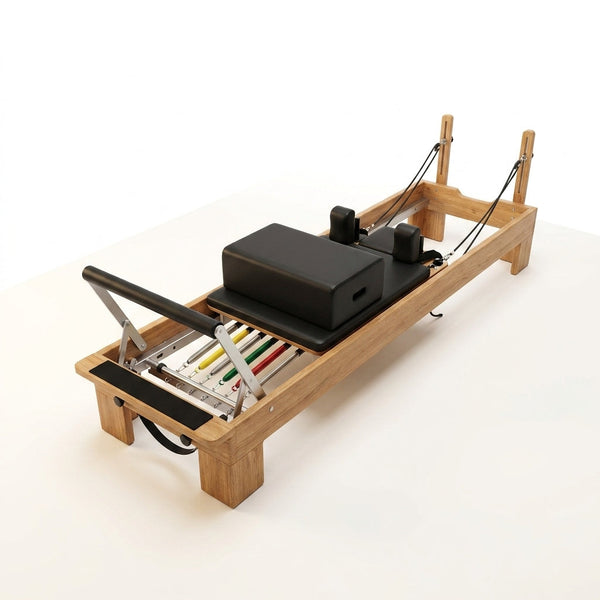 94.5"Pilates Reformer, Wooden Foldable Reformer Pilates Machine with Springs, Quick-Assembly Studio Grade Pilates Reformer Machine, Pilates Equipment with Sitting Box, Jump Board for Home Use & Studio — Studio Shot