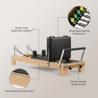94.5"Pilates Reformer, Wooden Foldable Reformer Pilates Machine with Springs, Quick-Assembly Studio Grade Pilates Reformer Machine, Pilates Equipment with Sitting Box, Jump Board for Home Use & Studio — infographic