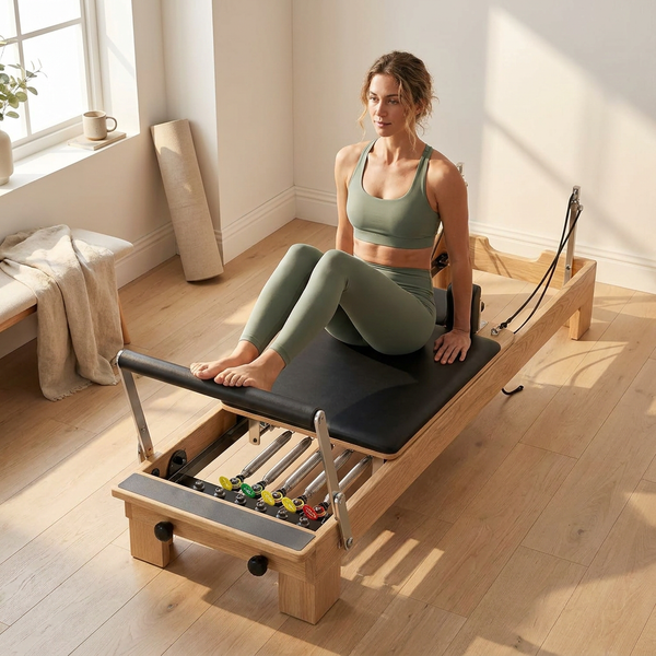Pilates Reformer Machine Designed for Studio-Grade Workouts, 94.5 Inch Wooden Frame, Foldable Design, Quick Assembly
