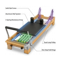 94.5"Pilates Reformer, Wooden Foldable Reformer Pilates Machine with Springs, Quick-Assembly Studio Grade Pilates Reformer Machine, Pilates Equipment with Sitting Box, Jump Board for Home Use & Studio — How It Works