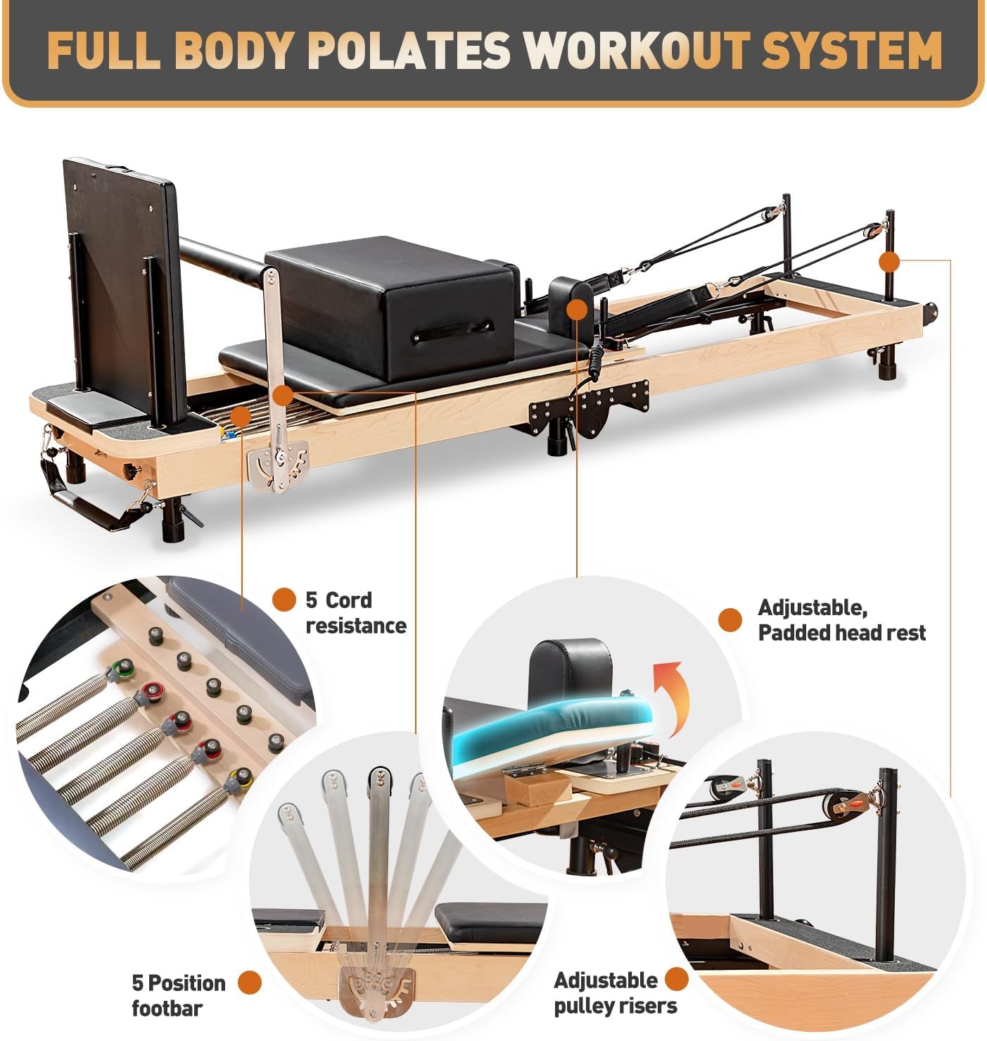 Foldable Pilates Reformer & Equipment - Pilates Reformer Workout Machine for Home Gym with Reformer Accessories, Reformer Box, Padded Jump Board - up to 300 Lbs Weight Capacity